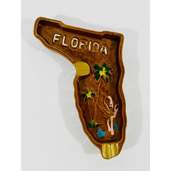 Vintage Florida Shaped Ceramic Ashtray Tropical Design Flamingo Palm Trees - Picture 6 of 8
